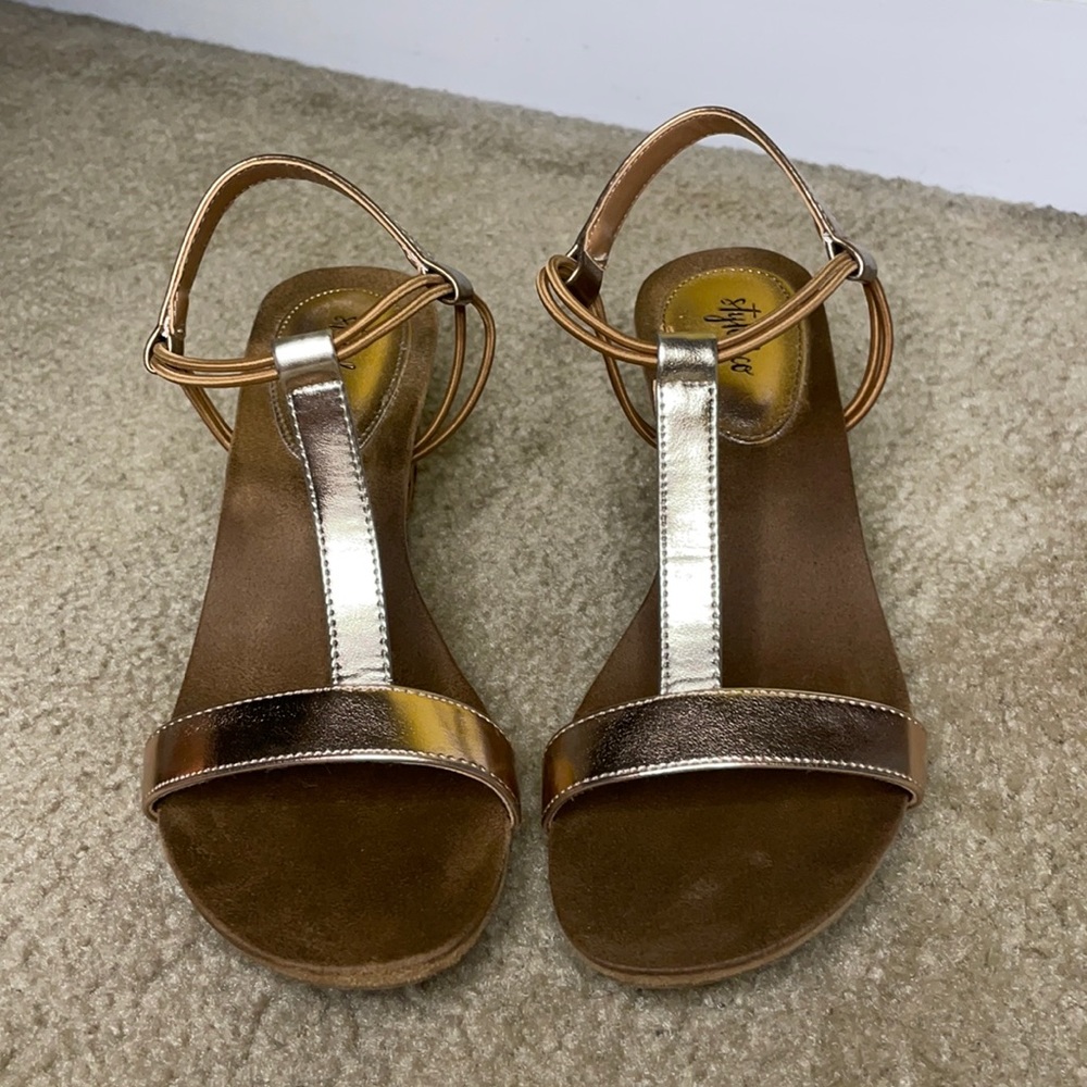 Nude, gold, and bronze strap wedge